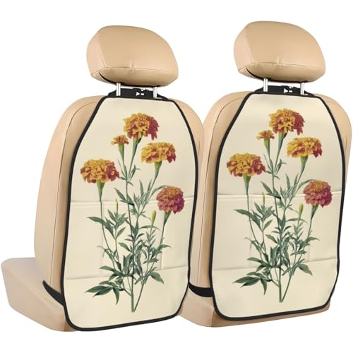 Vintage Botanical Marigold Flowers Car Seat Back Kick Protectors,2 Pack Kick Mats With Storage Pockets For Vehicles To Protect From Dirt Mud Scratches