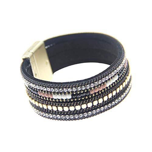 NTLX Multi-Layer Stackable Leather Wrap Cuff Bracelets for Women  Bohemian Boho Bracelets  Magnetic Clasp - Cuff Statement Bangles (Black)