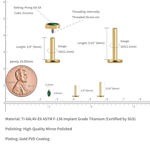 FINE4U 1PC Tragus Conch Helix Flat Labret Piercing Jewelry 16G 6mm 8mm - ASTM F136 Titanium Cartilage Earring Flatback Stud, Implant Grade Internally Threaded Hypoallergenic Body Jewelry (Clear CZ)2