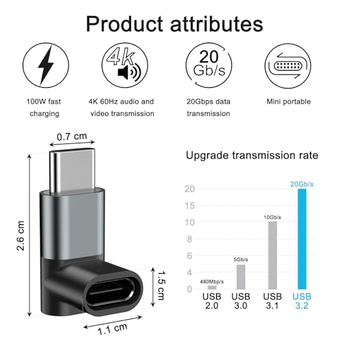 Image of Tobfit USB C Adapter 40Gbps(2 Pack), USB-C Male to Female Adapter 4.0 Type C Data Transfer Connector Compatible for Samsung, MacBook and More Type-C Device-Angle Bend