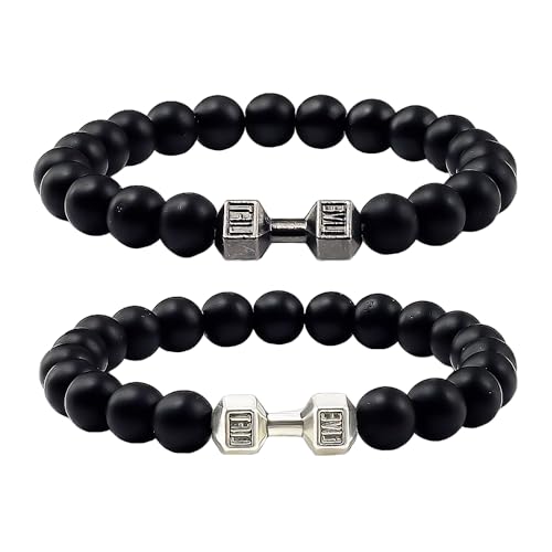 KRYMSON 2 pares de pulseras de perlas esmeriladas, pulseras de pesas, regalos de metal pesado, regalos de fitness para hombres y mujeres, pulseras de yoga, pulseras calmantes (negro), 19 cm