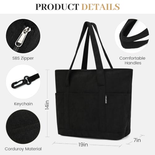 Image of Large Canvas Tote Bag for Women, Beach Bag with Zipper, Utility Tote Bag with 3 Front Pockets, Weekender Pool Bag