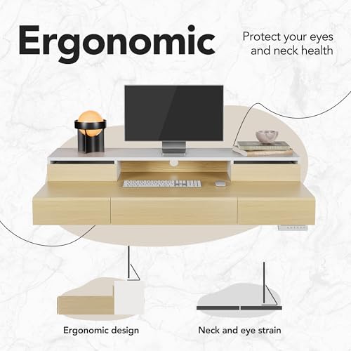 Image of HUANUO Standing Desk with Drawers, 48 Inches Electric Height Adjustable Desk with Storage, Whole-Piece Board Sit Stand Up Desk with Monitor Shelf, Light Walnut