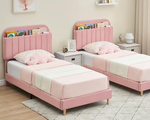 GarveeHome Twin Bed Frame with Storage Headboard, Velvet Upholstered Platform Bedframe for Kids, Girl Bed, Strong Wooden Slats, Noise-Free, Easy Assembly, No Box Spring Needed, Pink