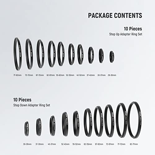 Image of Neewer 20 Anodized Black Metal Lens Filter Adapter Rings - 10 Step Up + 10 Step Down Set