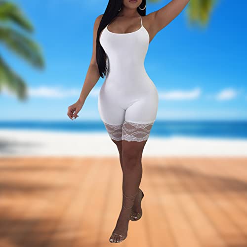 Lushandy Summer Sling Sport Jumpsuit Stretch Tight Renda Bodysuit Feminino Cor Sólida Estilo Europeu
