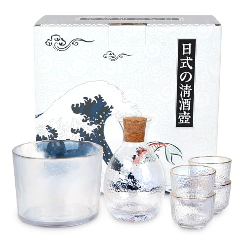 Japanisches Sake Set aus Glas | 6 teilig | inkl. Karaffe & Warmhalteschale | Sake Schalen Service