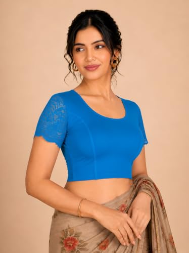 Image of Abhi Cotton Readymade Saree Blouse for Women- Half Net Sleeves, Round Neck, Regular-fit, Stretchable, Pull-on Style Blouse