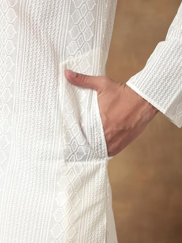 Image of Men's Solid Regular Fit Ethnic Wear White Kurta Pajama Set with Front Pocket