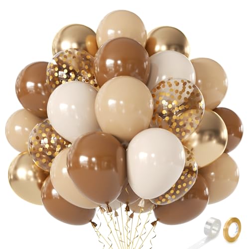 Image of Brown Balloons, Light Brown Beige Nude Chrome Gold Confetti, Party decor | 50 Pcs 12 In, for Bear Neutral Birthday Wedding Bridal Shower BIand Woodland Jungle Safari Party Decorations