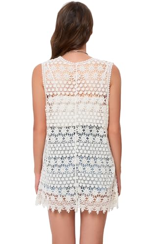 Image of GLEAMISS Women's Crochet Floral Vest Lace Trim Boho Sleeveless Cardigan
