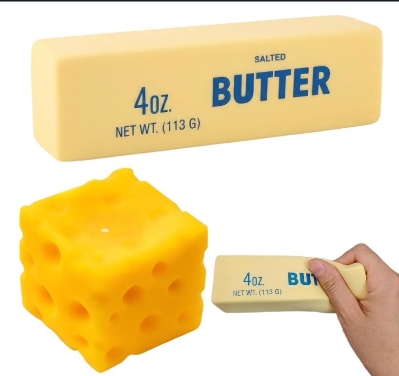 CHANCCI Butter and Cheese Squishy, 2 PCS Soft Butter Squeeze Stress Toy 7CM Squishy Cheese Sensory Fidget, Slow-Rebound squishies for Kids Adults Anxiety Relief Home Office Decor Party Favor