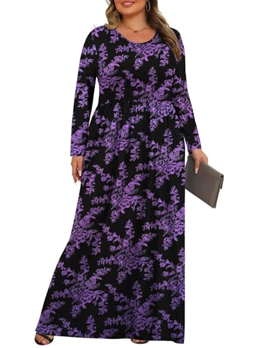 Tencede Womens Plus Size Maxi Dresses Long Sleeve with Pockets Casual Long Dress 1X-5X3