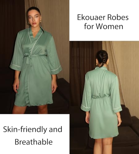 Image of Ekouaer Women Kimono Robes Knee Length Knit Bathrobe Lightweight Soft Sleepwear V-neck Casual Ladies Loungewear