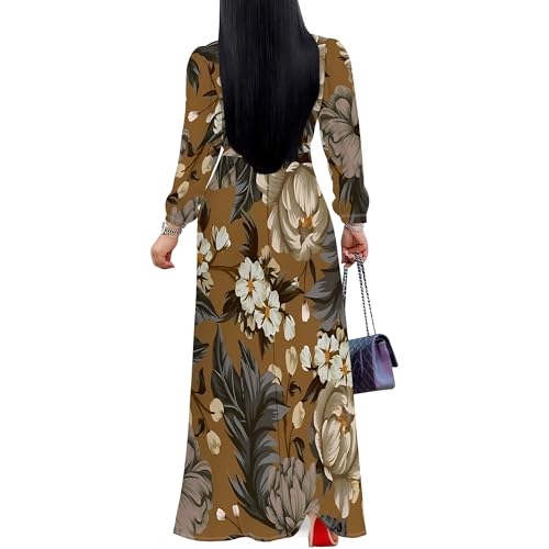 Image of Women Plus Size Long Sleeve V Neck Maxi Dress with Belt | Soft fabric relaxed fit three quarter sleeve v neck with pockets for party and daily wear
