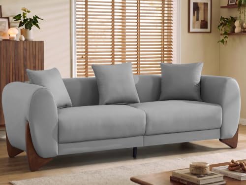 Image of 87 inch Faux Leather Cloud Couch Modern 3 Seater Sofa with Solid Wood Legs, 25 inch Extra Deep Seat, Comfy Thick Cushion Upholstered Sofa Couches with 3 Pillows for Living Room, Light Grey
