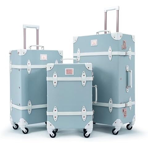 Unitravel Vintage Luggage Set for Women, 3 Piece PU Leather Retro Suitcase Sets, Hardside Spinner Travel Trunk with Combo Lock, 20''/24''/28'', Embossed Blue Cover