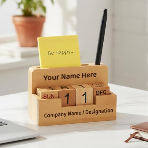 Image of Deskart Personalized Desktop Cube Flip Calendar| Wooden Customized Lifetime Infinity Calendar with Visiting Card, Pen Holder and Personal Name Marking | Foldable for Home Decor, Office Desk and Study Table (Infinity Personalized)