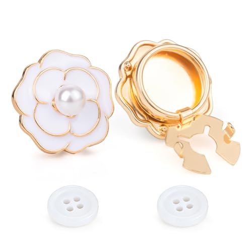 2Pcs Button Covers Cufflinks Set No-Sew Button Covers Clip-On Golden Base with Camellia Flower Faux Pearl for Women Men Dress Shirts Blouses for Button Decoration(White Flower 15mm)