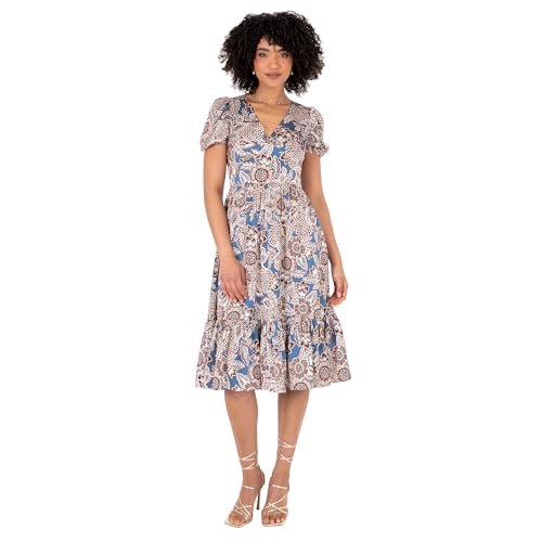 Lovedrobe Women's Ladies Midi Dress Short Puff Sleeve V-Neck Floral Print Tiered Hem Lace Trim A-line Casual Occasion Evening Grau 46