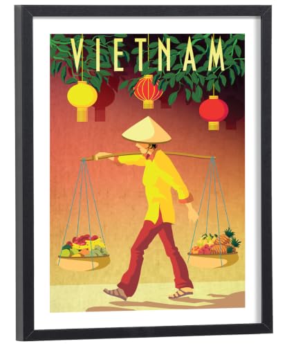 Tableau Vietnam rétro encadré bois noir : une œuvre d'art graphique aux finitions soignées