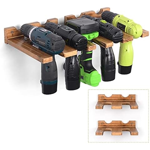 ikkle 2Pcs Electric Drill Storage Rack Wooden, Drill Rack Wall Mount Garage Storage, Holds 5 Drills, Hanging Wall Mounted Organizer for Garage, Home, Workshop, Shed Cover