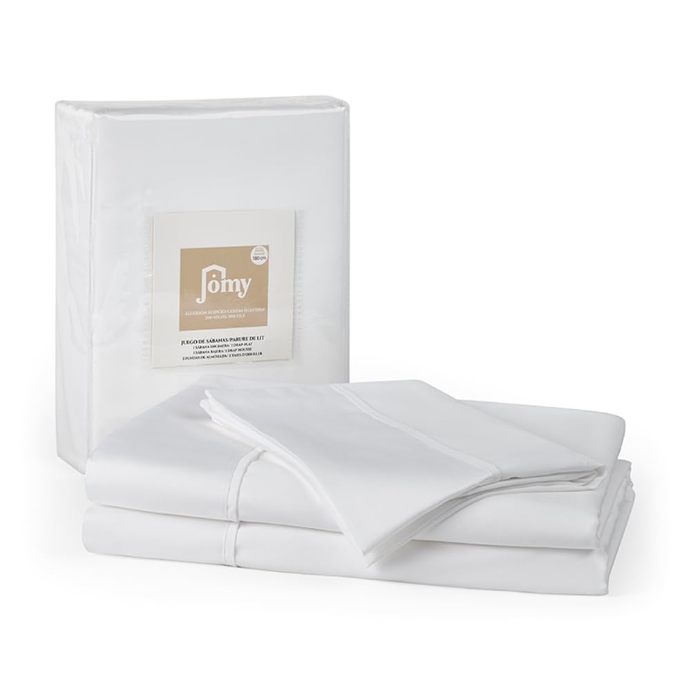 Jomy Juego de sabanas de Algodon Egipcio 300 Hilos Blanco Cama de 150 x 190 100% Algodon Egipcio Blanco Saten