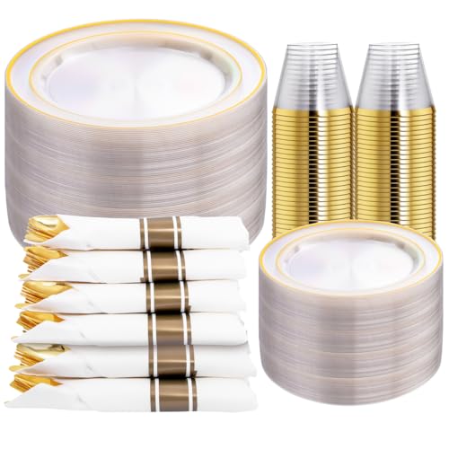 DaYammi 350PCS Clear Gold Plastic Dinnerware Set for 50 Guests Gold Plates Disposable Include: 50 Dinner Plates 50 Dessert Plates 50 Pre Rolled Napkins with Gold Silverware 50 Cups for Party Wedding
