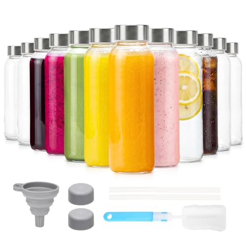 Image of Luxfuel Glass Water Bottles with Lids 16 oz, 12 Pack Reusable Juice Bottle with Stainless Steel Cap & Straw, 100% Leak Proof, BPA Free, Clear Glass Bottles for Juicing, Milk, Smoothies, Fridge Storage