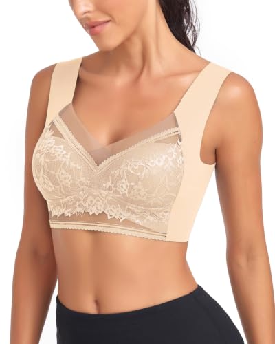 Image of WOWENY Seamless Lace Bras for Women Wirefree Comfortable Mesh Padded Soft Back Smoothing Bra