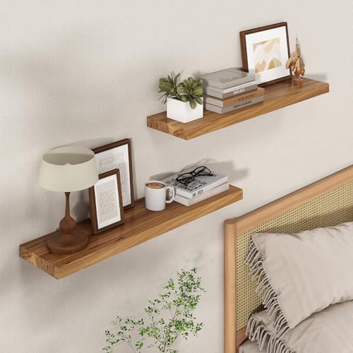Image of Floating Shelves for Wall, 24in Reclaimed Elm Wood Shelves, Natural, 2PCs | 8in Deepth Rustic Solid Elm Wood Shelves for Storage, Wall Display Shelving, Invisible Metal Bracket