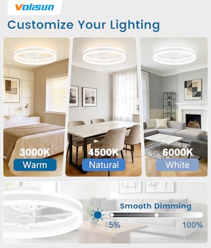 Image of VOLISUN Low Profile Ceiling Fans with Lights and Remote, 20in Flush Mount Ceiling Fans with Light, 3000K-6500K Dimmable Fandelier LED Fan Light, White Bladeless Ceiling Fans with Lights for Bedroom