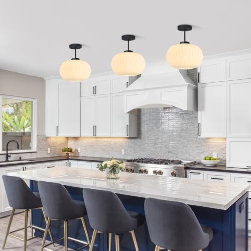 Image of Semi Flush Mount Ceiling Light Modern Black Close to Ceiling Light Fixture Vintage Striation Glass Ceiling Lamp Industrial Chandelier for Hallway Bedroom