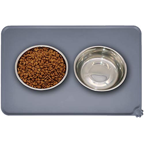 Metopets Dog Bowl Mat, Cat Dog Food Mat for Floors Waterproof, Silicone Non-Slip Pet Food Mat, Dog Feeding Mat Placemat for Food and Water (M, Grey)