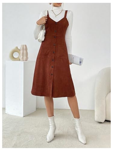 Milumia Women's Corduroy Button Up V Neck Pocket Midi Pinafore Overall Dress2
