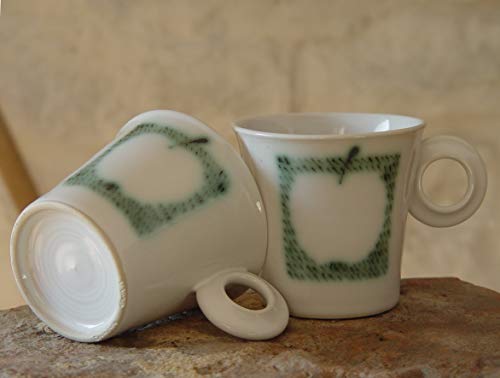 Wheel Thrown Stoneware Pottery Cup, Coffee Cup With A Drawing Of An Apple, White And Green Cup, Durable Quality Pottery, Teacup, Ceramic Cup #TOP4