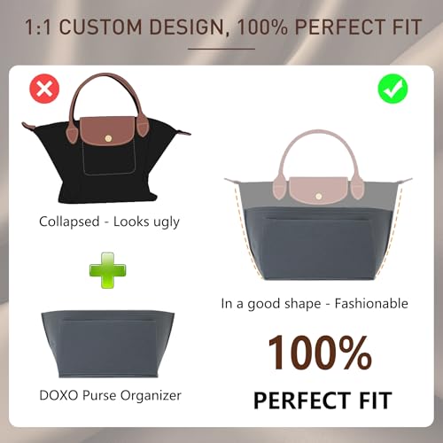 Image of Doxo Purse Organizer Insert for Longchamp Le Pliage, Premium Felt Tote Bag Organizer with 8 Compartments and Zippered Pocket (Light Grey, Large)