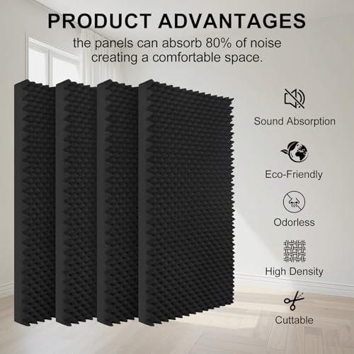 4 Pack Paneles Acústicos, 48 x 24 x 2 pulgadas Paneles de Espuma para Pared, Reductores de Ruido, Tapete de Espuma que Absorbe Sonido, Fácil Instalación, Negro miniatura 3
