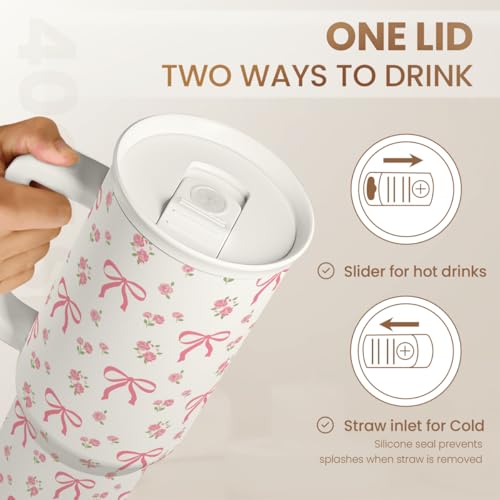 Image of Bow Tumbler with Handle 40oz, Stainless Steel Insulated Tumblers Coffee Travel Cup with Slider Straw Lid, Gifts for Women Teen Girls Birthday