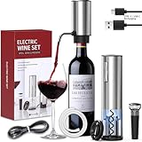 All-in-1 Electric Wine Opener Set with Rechargeable Wine Opener, Rechargeable Wine Aerator Pourer, Foil Cutter and Vacuum Wine Stopper, Ideal gift for Wine Lovers（Silver）