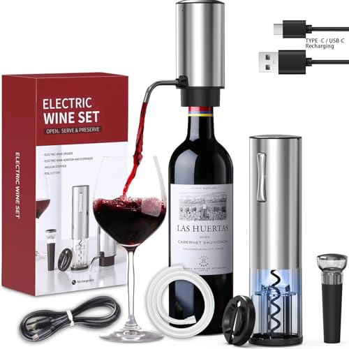 All-in-1 Electric Wine Opener Set with Rechargeable Wine Opener, Rechargeable Wine Aerator Pourer, Foil Cutter and Vacuum Wine Stopper, Ideal gift for Wine Lovers（Silver）