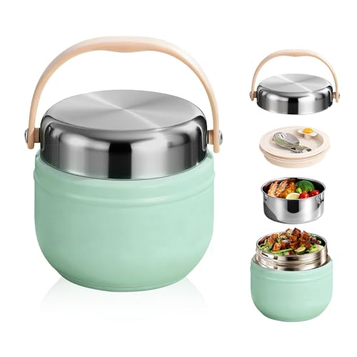 Udbrud Termo para Comida 1200 ml, Recipiente Térmico para Alimentos con Cuchara Plegable, Fiambrera Acero Inoxidable Frasco de Comidas para Adultos Niños Oficinas y Escuelas