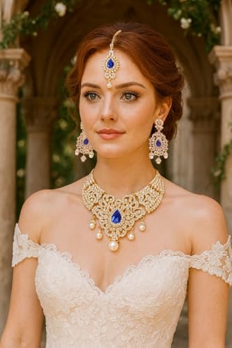 Touchstone Indian jewelry bollywood for women statement necklace sets wedding royal bridal ornaments big large matha tikka statement rajasthani mangtika traditional in antique gold or white tone2