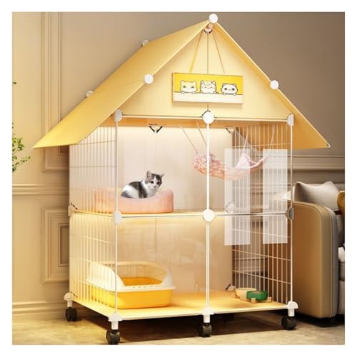 FYDN 猫ケージ 猫ヴィラ 屋内猫フェンス 折りたたみ式 DIY 頑丈で耐久性があり、通気性があり、キャスター付きで組み立て簡単 移動が簡単 ロフト付きで組み立て簡単 広いスペース 複数の猫に適しています (ホワイト+オリジナルウッドカラー,75*39*