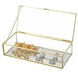 AMGSH 9' Golden Vintage Glass Keepsake Box, Mirrored Bottom | Decorative Glass Jewelry Lidded Box for Display,Clear Rectangle Box Rings Bracelet Earring Organizer (9in × 3.9in × 2in)