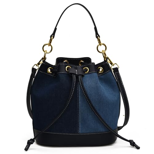 Denim Bucket Bag for Women Handbag Trendy Jean Purse Drawstring Crossbody Shoulder Bag