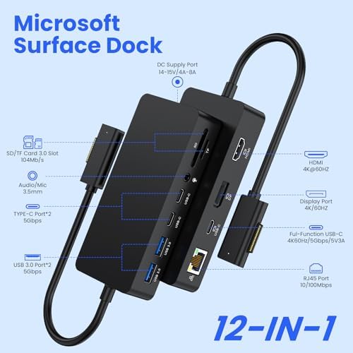 Surface Docking Station, 4K@60Hz Triple Display via HDMI, DP & USB C, 12-in-1 with 120W Power Adapter for Surface Laptop 5/4/3 & Surface Pro 11/10/9/8/7/X, Surface Go/Book