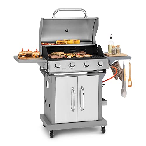 Klarstein Barbecue Gaz Camping avec 4 Brûleurs à Gaz, Plancha au Gaz de 14400W, Gril à Gaz en Acier Inoxydable, BBQ Feu a Gaz, Plancha Gaz Inox, Cuisinière Extérieure Camping Gaz Propane, Thermomètre
