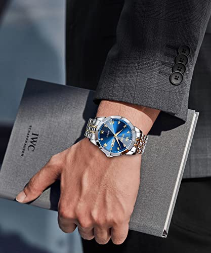 Olevs Watch Men Stainless Steel Mens Gold And Silver Watch Luxury Diamond Watches For Men Waterproof Men's Watch Blue Dial With Date Mens Business Dress Watch #TOP6