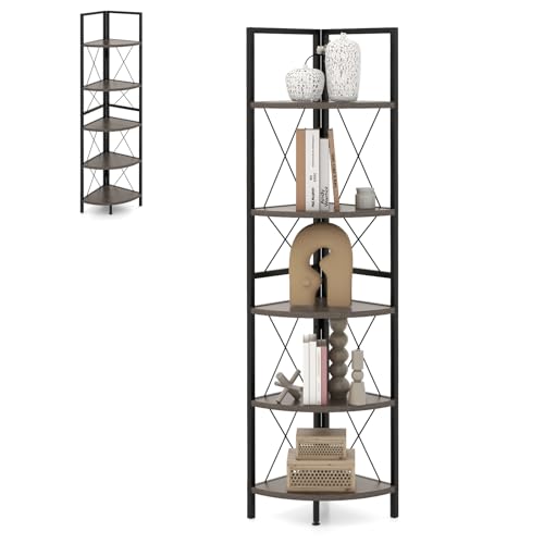 HOMASIS Scaffale ad Angolo a 5 Livelli, Libreria Angolo in Legno e Telaio in Metallo, Mobiletto Angolare Stretto e Salvaspazio per Soggiorno, Ufficio, Cucina, 35,5 x 35,5 x 160 cm (Quercia Grigia)